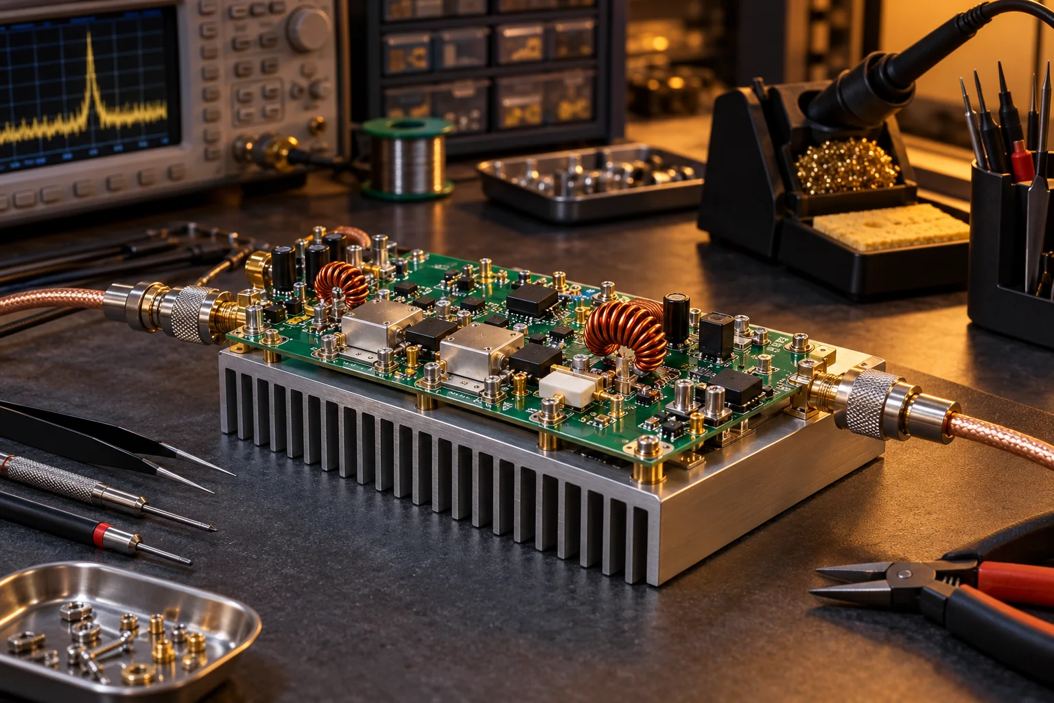 Illustrative RF circuit board and electronics workbench